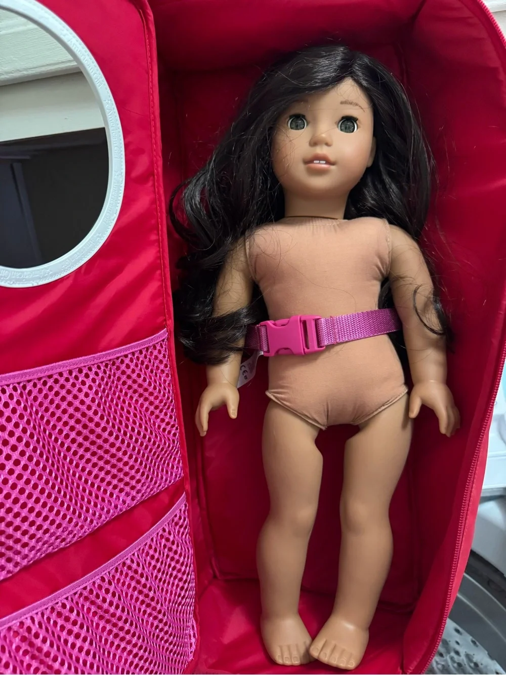 American Girl Red Doll Carrier with Pink Logo Panel and White Trim